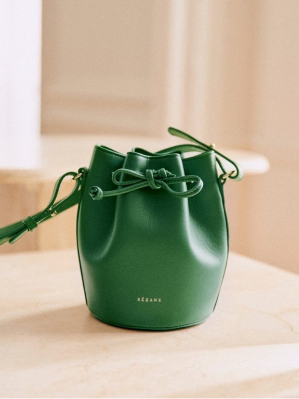 Sezane Nano Farrow Bucket Bag Crossbody Purse Mini Handbag Smooth Leather Green